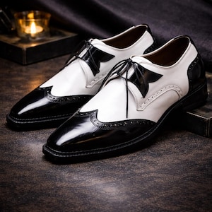 Handcrafted Black & White Leather Wingtip Derby Shoes – Formal Men's Footwear image 1