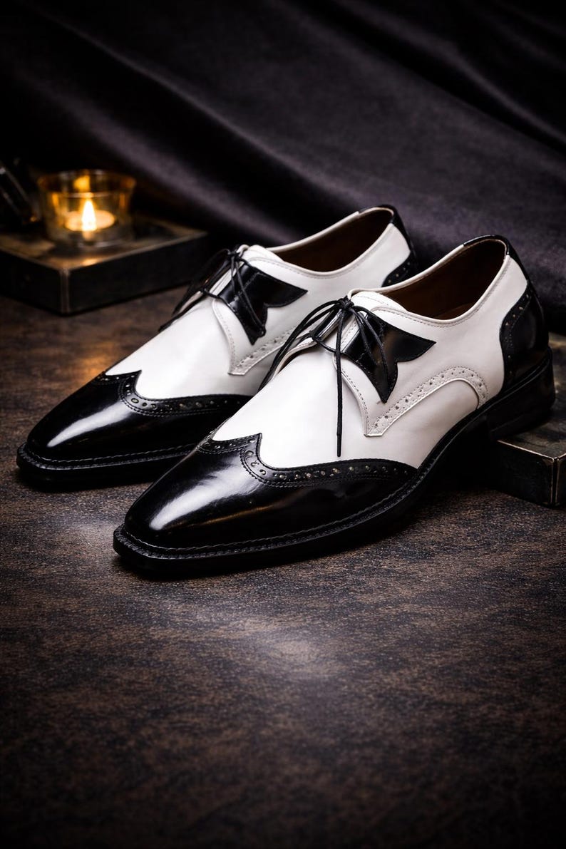 Handcrafted Black & White Leather Wingtip Derby Shoes – Formal Men's Footwear image 1
