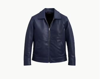 May include: A navy blue leather jacket with a collared neckline and a silver zipper closure. The jacket has long sleeves and two front pockets. The jacket is a classic style and is suitable for various occasions.