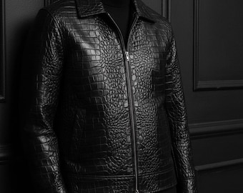 Men’s Crocodile Faux Leather Jacket | Glossy Black | Classic Fit | Durable
