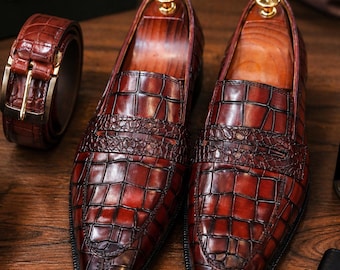 メンズ グリーンレザー ペニーローファー | テクスチャード加工 スリッポン ドレスシューズ