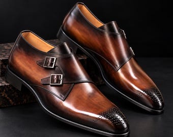Handmade Brown Leather Double Monk Strap Shoes for Men | Luxury Formal Dress Shoes | Wedding Groom Business Shoes