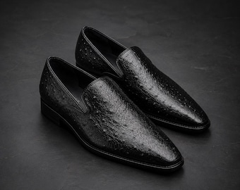 Black Ostrich Print Leather Loafers Men, Handmade Genuine Leather Slip On Shoes, Exotic Texture Dress Loafers, Luxury Wedding Shoes Gift