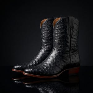 Bottes de cowboy en cuir d'autruche noir texturé, bottes western en cuir exotique pour hommes, bottes western artisanales