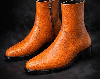 Men's Croc Embossed Leather Ankle Boots, Handmade Side Zipper Dress Shoes