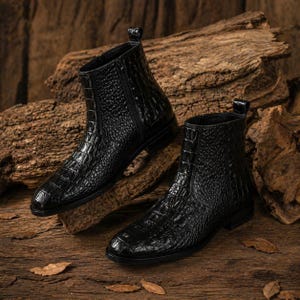Könnte beinhalten: Ein Paar schwarze Stiefeletten mit Krokodilleder-Optik. Die Stiefel haben einen seitlichen Reißverschluss und einen niedrigen Absatz. Sie sind auf einer Holzoberfläche platziert.