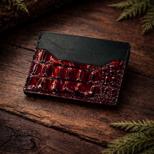 Red Snake Print Leather Card Holder - Slim Minimalist Wallet image 1