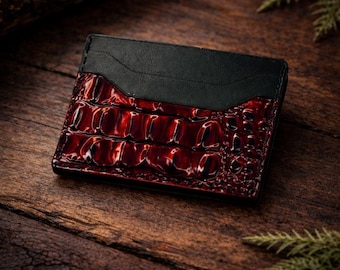 Red Snake Print Leather Card Holder - Slim Minimalist Wallet