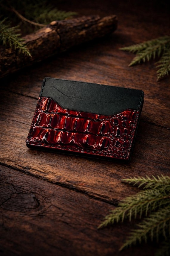 Red Snake Print Leather Card Holder - Slim Minimalist Wallet