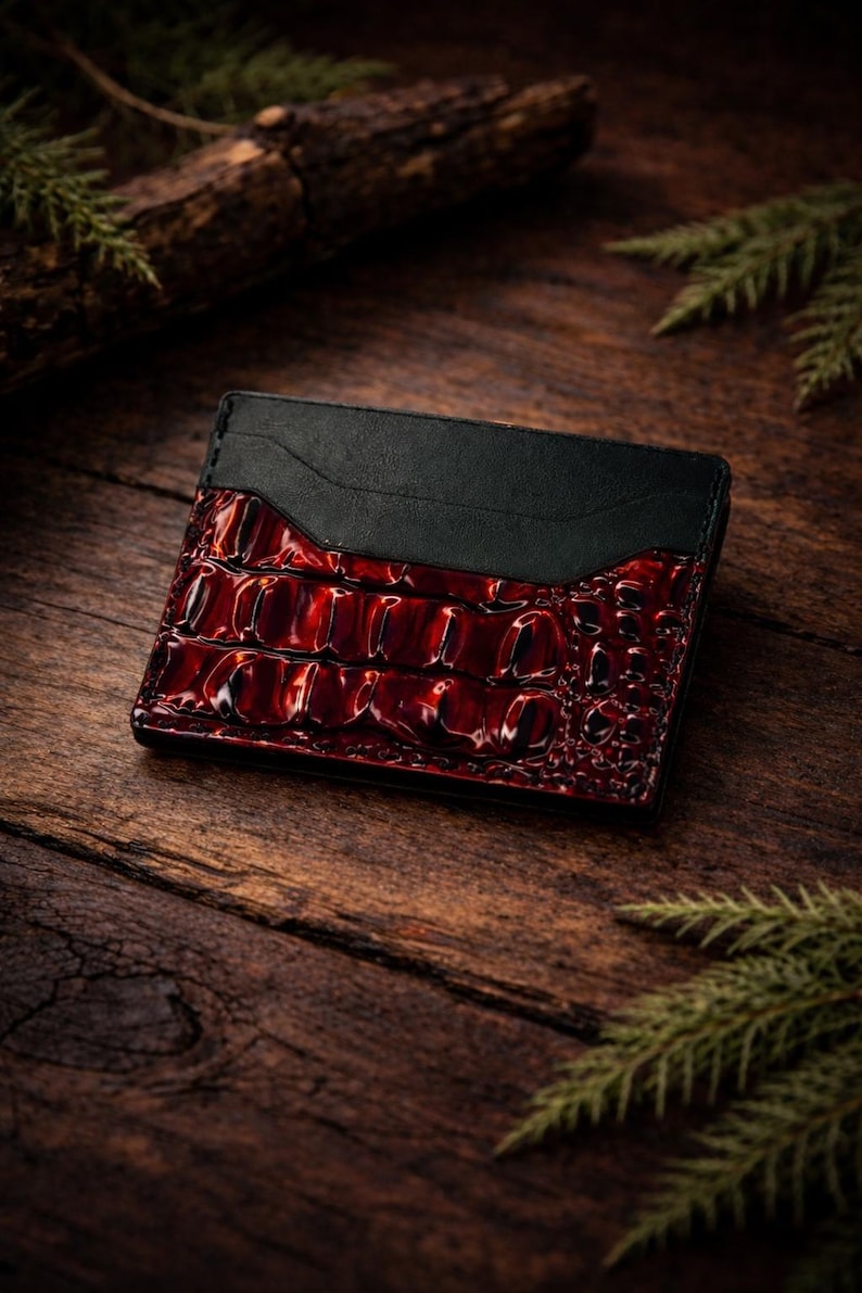 Red Snake Print Leather Card Holder - Slim Minimalist Wallet image 1