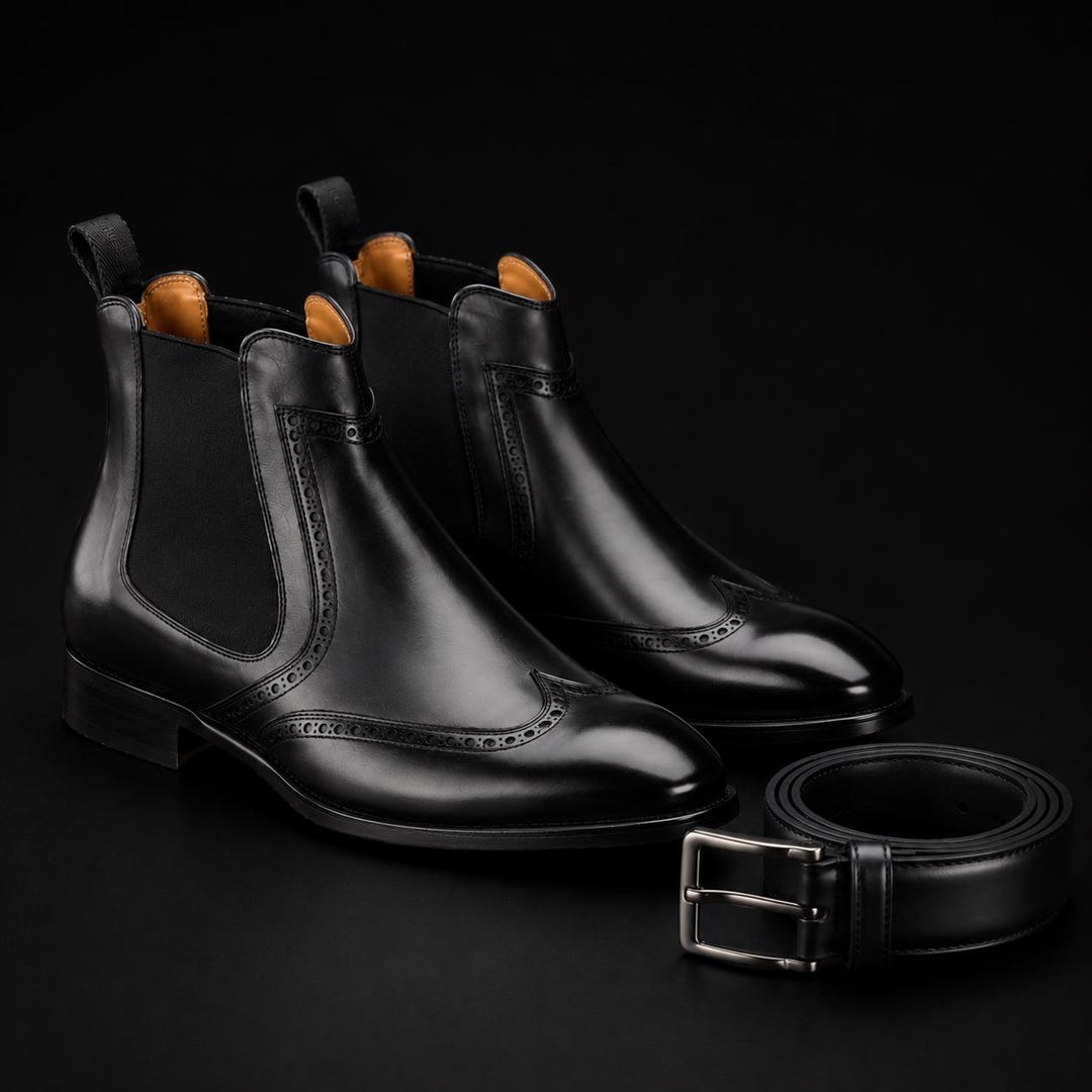 Handcrafted Black Leather Chelsea Boots for Men – Elegant Brogue ...