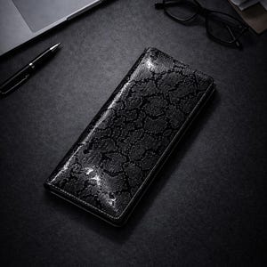 Carteira de couro de píton preta, feita à mão, perfeita para o Dia dos Namorados.