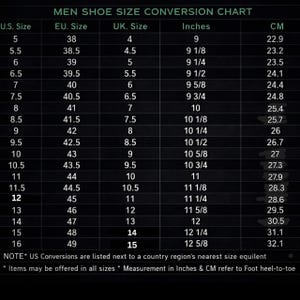 May include: A men's shoe size conversion chart with U.S., EU, and UK sizes, inches, and centimeters. The chart includes sizes from U.S. size 5 to 16, with corresponding EU, UK, inch, and cm measurements. The text at the bottom states that measurements refer to foot heel-to-toe.