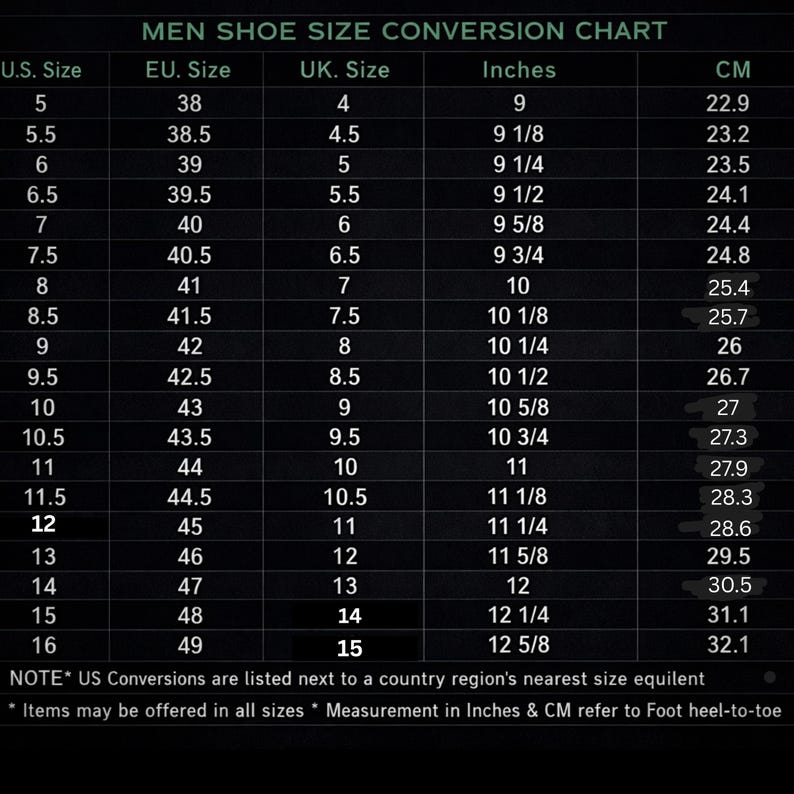 May include: A men's shoe size conversion chart with U.S., EU, and UK sizes, inches, and centimeters. The chart includes sizes from U.S. size 5 to 16, with corresponding EU, UK, inch, and cm measurements. The text at the bottom states that measurements refer to foot heel-to-toe.