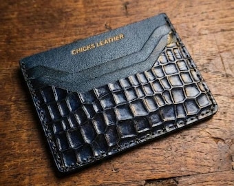 Blue Crocodile Embossed Leather Card Holder - Slim Minimalist Wallet