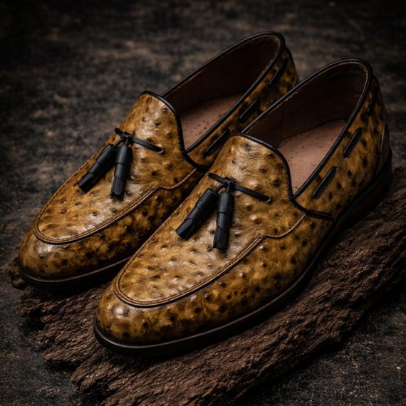 Men's Ostrich Leather Tassel Loafers, Handmade Slip-On Dress Shoes