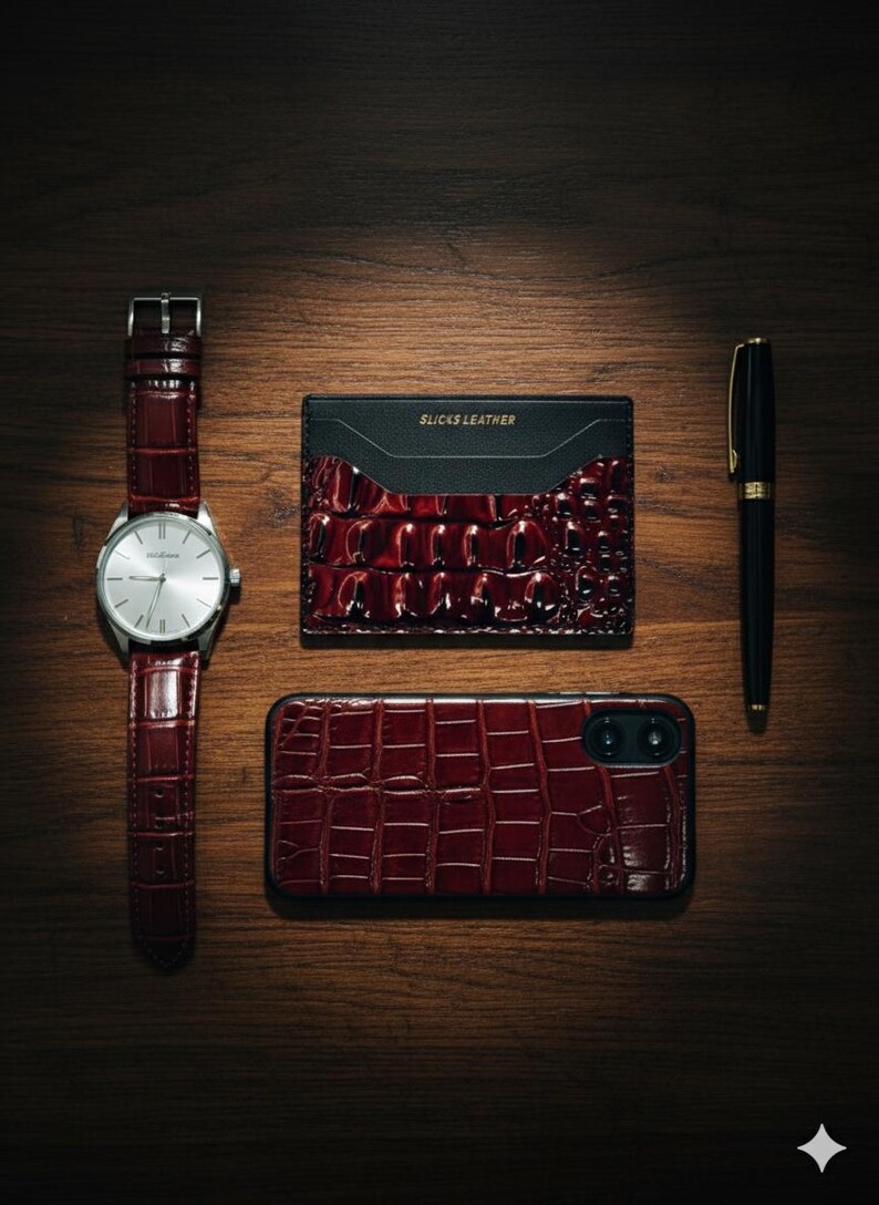 May include: A coordinated set of accessories in burgundy crocodile-effect leather, including a wristwatch, cardholder, phone case, and pen. The watch has a silver face and the cardholder is labelled "SLICKS LEATHER".
