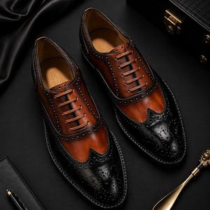 Men's Two-Tone Leather Wingtip Oxford Shoes, Brogue Dress Formal Wedding Style