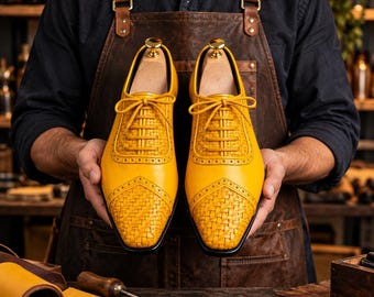 Mustard Yellow Leather Oxford Shoes, Handmade Woven Dress Shoes, Luxury Mens Formal Shoes, Artisan Leather Lace Up Shoes