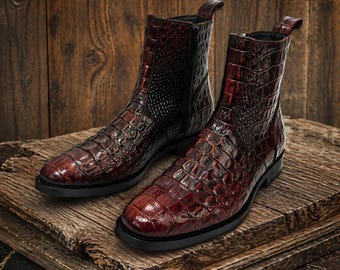 Botines de hombre color burdeos con piel repujada de cocodrilo, botines de vestir hechos a mano con cremallera lateral.
