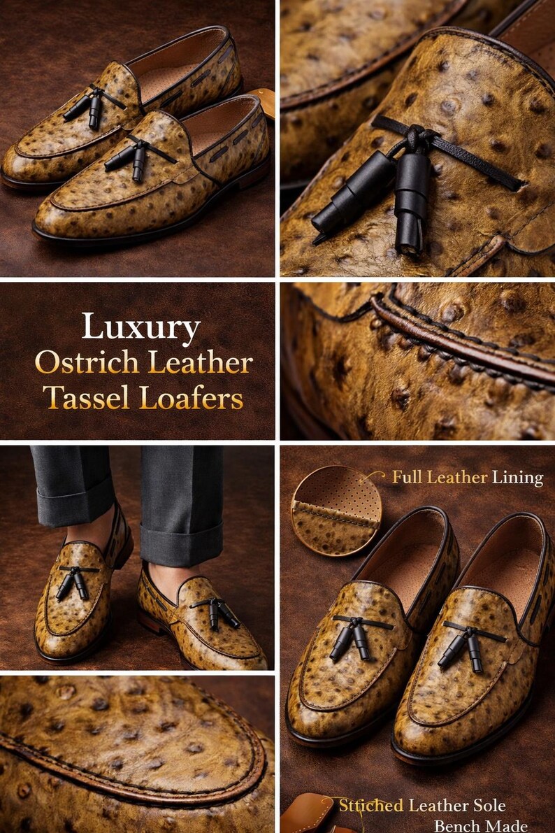 May include: Luxury ostrich leather tassel loafers in shades of brown. The shoes feature a textured pattern, black tassels, and a full leather lining. The image also includes the text "Luxury Ostrich Leather Tassel Loafers".