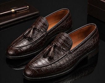 Dark Brown Crocodile Tassel Loafers, Men's Formal Leather Dress Shoes