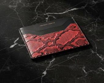 Red Snake Print Leather Card Holder - Slim Minimalist Wallet