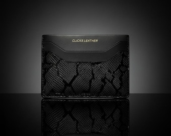 Black Python Leather Card Holder, Slim Minimalist Wallet