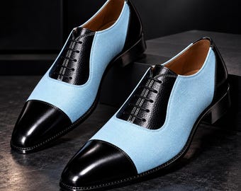 Men’s Two Tone Oxford Shoes, Handmade Leather Dress Shoes, Blue Black Formal Lace Up Shoes