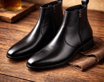Men's Handmade Black Full Grain Leather Chelsea Boots, Side Zipper Dress Ankle Footwear