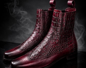 Luxury Burgundy Crocodile textured Pattern Leather Boots | Handmade Men’s Dress Boots