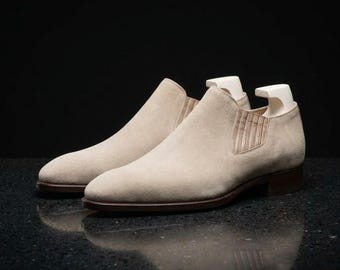 Mens Beige Suede Slip On Shoes, Handmade Low Cut Chelsea Loafers, Sand Suede Dress Shoes, Wedding Groom Shoes, Gift for Him