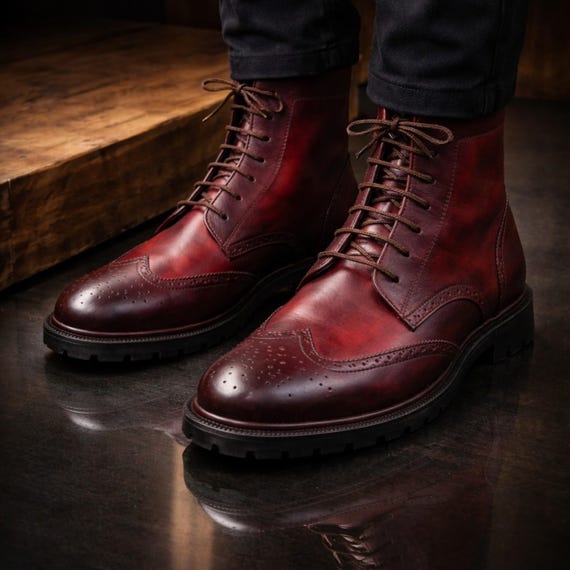 Handmade Burgundy Leather Wingtip Boots Men, Luxury Lace Up Dress Footwear