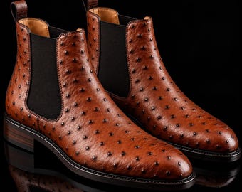 Men's Tan Leather Chelsea Boots, Brown Ostrich Texture Boots, Handmade Ankle Boots, Luxury Dress Boots