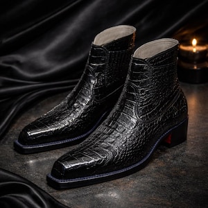 Men's Black Crocodile Embossed Leather Chelsea Boots, Handmade Luxury Dress Style