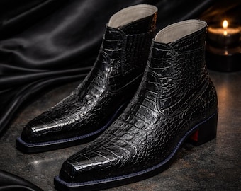 Men's Black Crocodile Embossed Leather Chelsea Boots, Handmade Luxury Dress Style