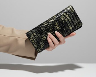Portefeuille long en cuir texturé façon crocodile - Design minimaliste fait main