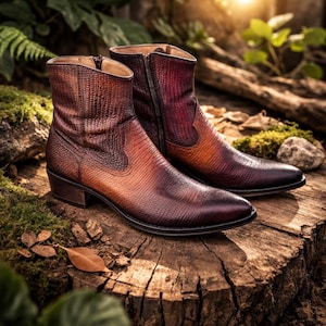 May include: A pair of brown leather ankle boots with a textured pattern. The boots have a pointed toe, a low heel, and a zipper closure. The boots are displayed on a wooden surface with moss and foliage in the background.