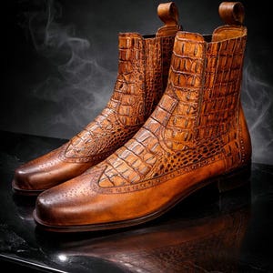 Men's Crocodile Embossed Leather Chelsea Boots – Handmade Brown Ankle Dress Shoes