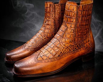 Men's Crocodile Embossed Leather Chelsea Boots – Handmade Brown Ankle Dress Shoes