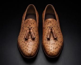 Tan Ostrich Print Tassel Loafers, Genuine Leather Slip On Shoes, Handmade Formal Loafers, Exotic Print Dress Shoe, Gift for Him