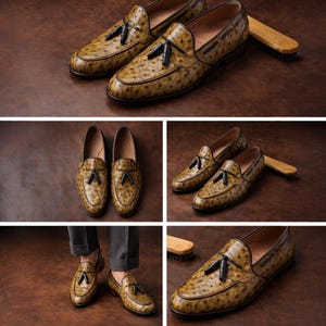 Men's Ostrich Leather Tassel Loafers, Handmade Slip-On Dress Shoes image 3