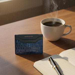 以下が含まれることがあります： クロコダイル柄の青と黒の革製カードホルダー。上部に「CLICKS LEATHER」の文字がプリントされています。湯気の立つコーヒーカップ、ペン、開いたノートが木製のテーブルの上にあります。