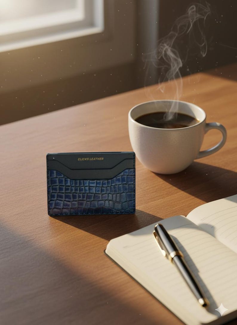 以下が含まれることがあります： クロコダイル柄の青と黒の革製カードホルダー。上部に「CLICKS LEATHER」の文字がプリントされています。湯気の立つコーヒーカップ、ペン、開いたノートが木製のテーブルの上にあります。