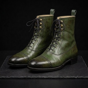 Handmade Green Patina Balmoral Boots Men, Leather Cap Toe Brogue Boots, Oxford Lace Up Ankle Boots, Groomsmen Wedding Formal Boots