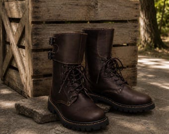 Handmade Brown Leather Combat Boots, Men's Lace Up Biker Military Style
