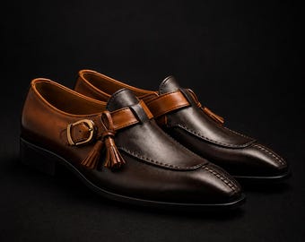 Handmade Leather Tassel Loafers, Brown Monk Strap Dress Shoes, Formal Wedding Menswear