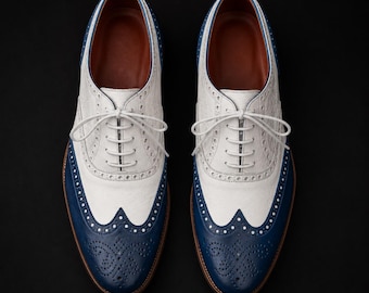 Handmade Men's Blue Spectator Shoes - Two Tone Leather Oxford Brogues - Vintage Wingtip Dress Shoes - Gatsby Wedding Derby, Custom Oxfords