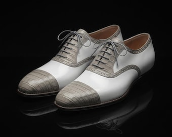 Witte Oxford-schoenen voor heren, grijze schoenen met krokodillenprint en neuskap, luxe tweekleurige formele trouwschoenen