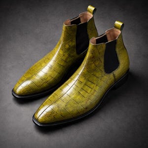 Men's Green Crocodile Embossed Leather Chelsea Boots, Handmade Luxury Dress Ankle Shoes